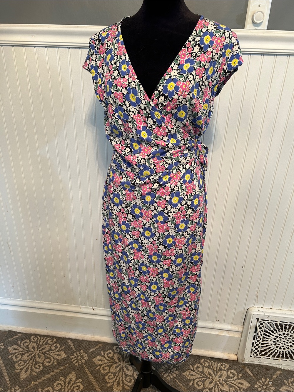 J. Crew Floral Wrap Midi Dress in Pink, Blue & Yellow